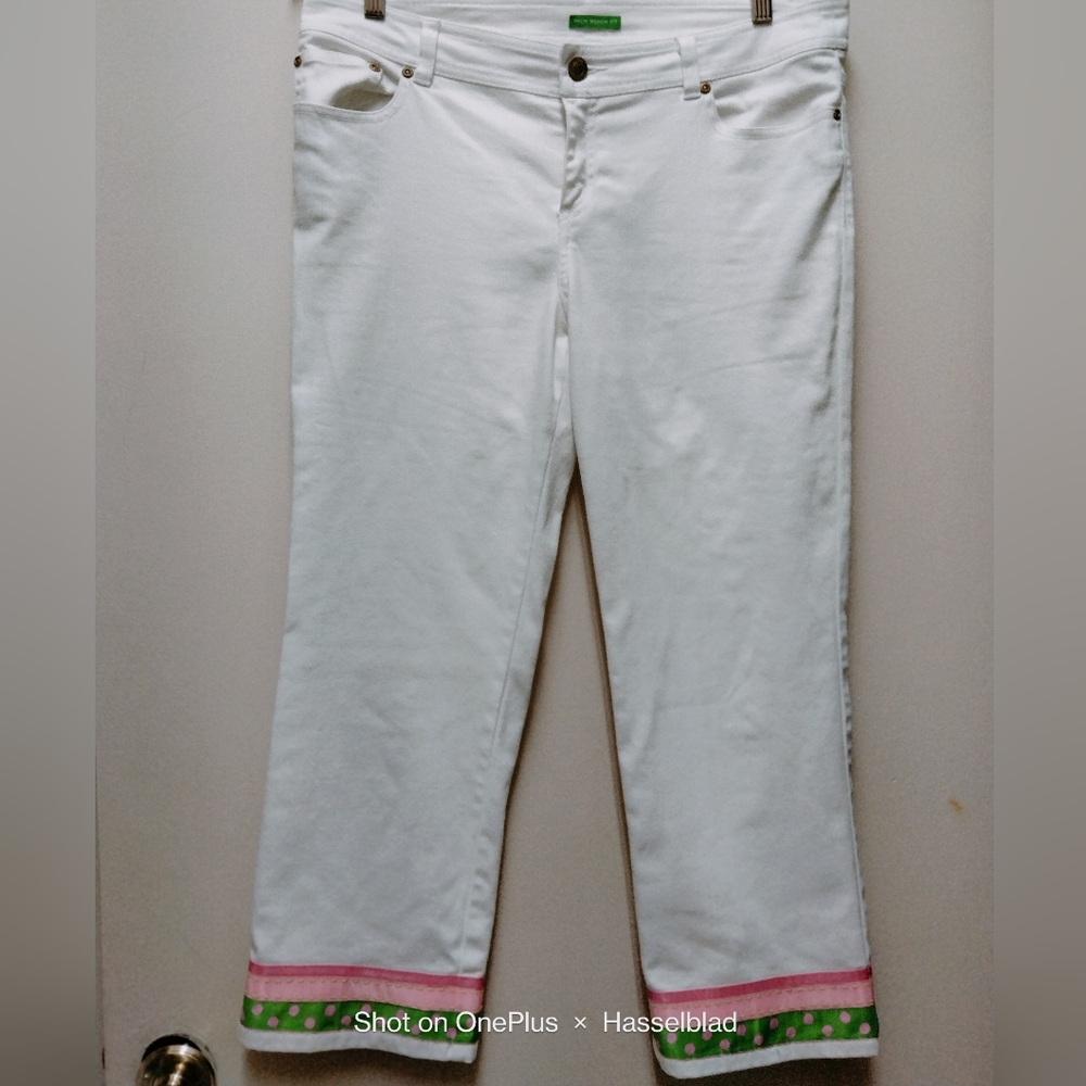 Vintage Lilly Pulitizer  White Denim Crop Pants Cross Grain Ribbon Bottom